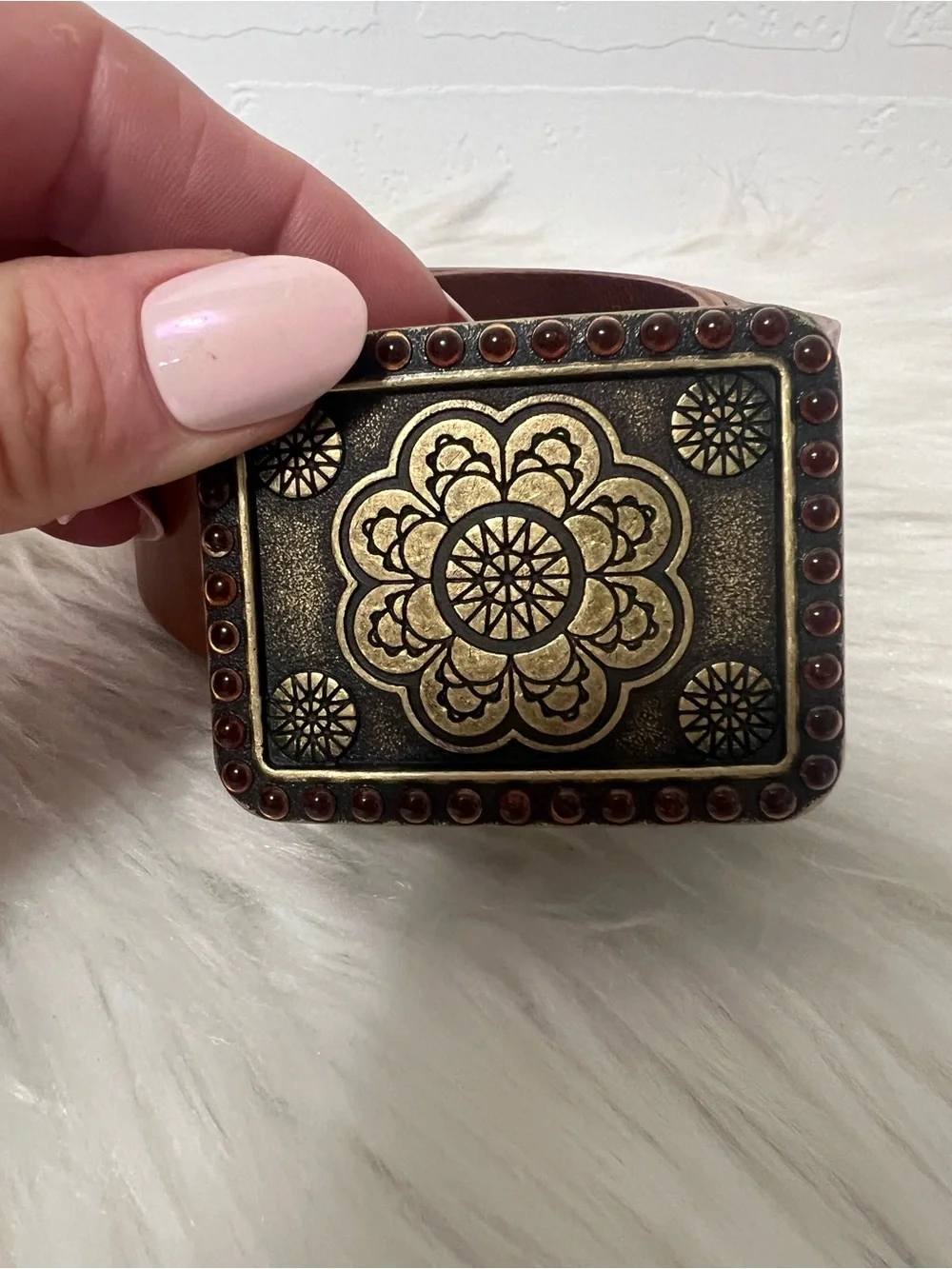 Vintage Cognac Brown Leather Belt with Antiqued Floral Buckle | Boho Western